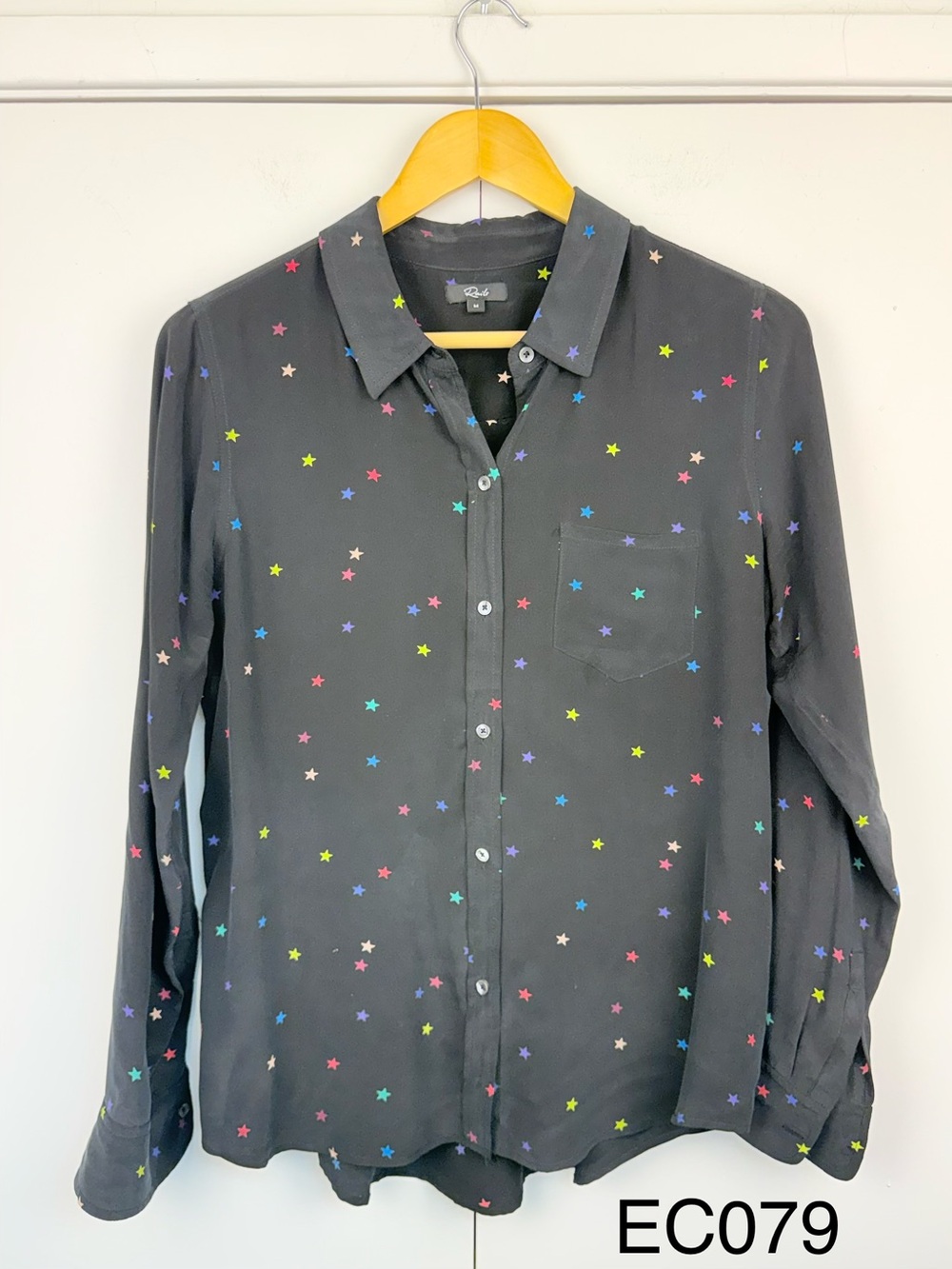 Rails Kate Rainbow Stars Black 100% Silk Shirt Blouse M